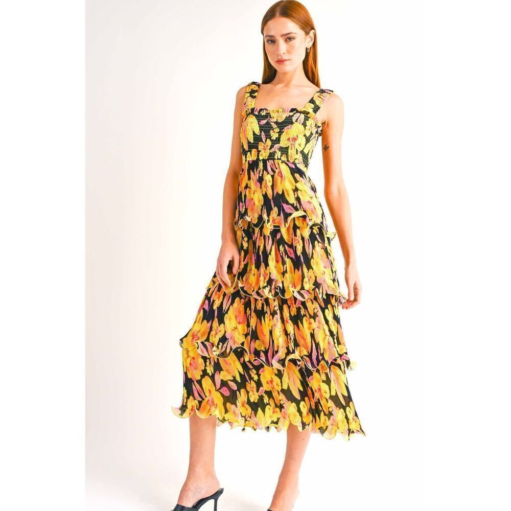 Reset By Jane Yellow Floral Midi Dress size S NWOT$160 - Picture 4 of 9